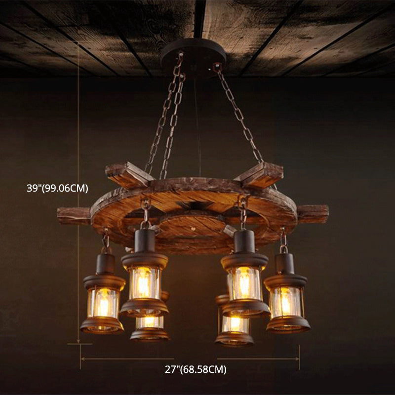 Black Wooden Boat Chandelier Retro Industrial Circular 6 Light Suspension Light for Dining Room Table