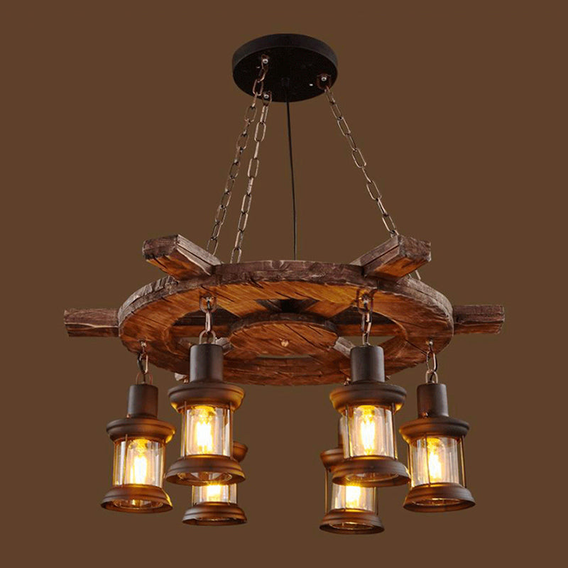 Black Wooden Boat Chandelier Retro Industrial Circular 6 Light Suspension Light for Dining Room Table