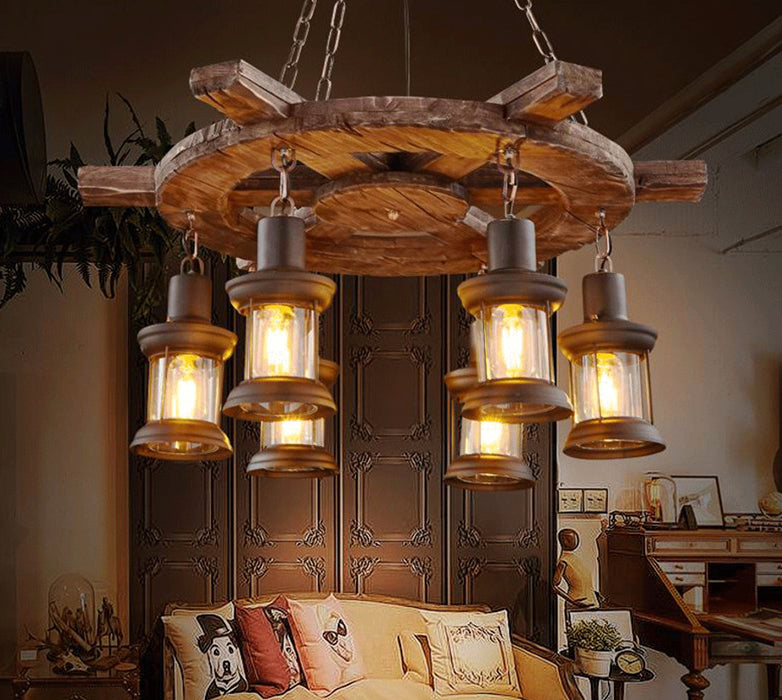 Black Wooden Boat Chandelier Retro Industrial Circular 6 Light Suspension Light for Dining Room Table