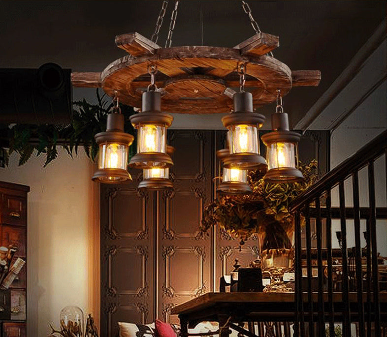 Black Wooden Boat Chandelier Retro Industrial Circular 6 Light Suspension Light for Dining Room Table