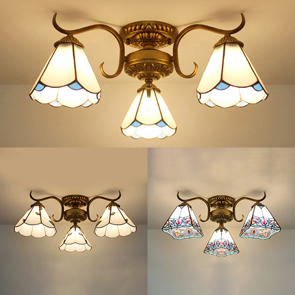 Stained Glass Indoor Ceiling Light with Leaf/Flower/Diamond Pattern and Curved Arm 3 Lights Semi Flushmount in White