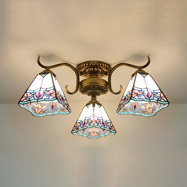 Stained Glass Indoor Ceiling Light with Leaf/Flower/Diamond Pattern and Curved Arm 3 Lights Semi Flushmount in White