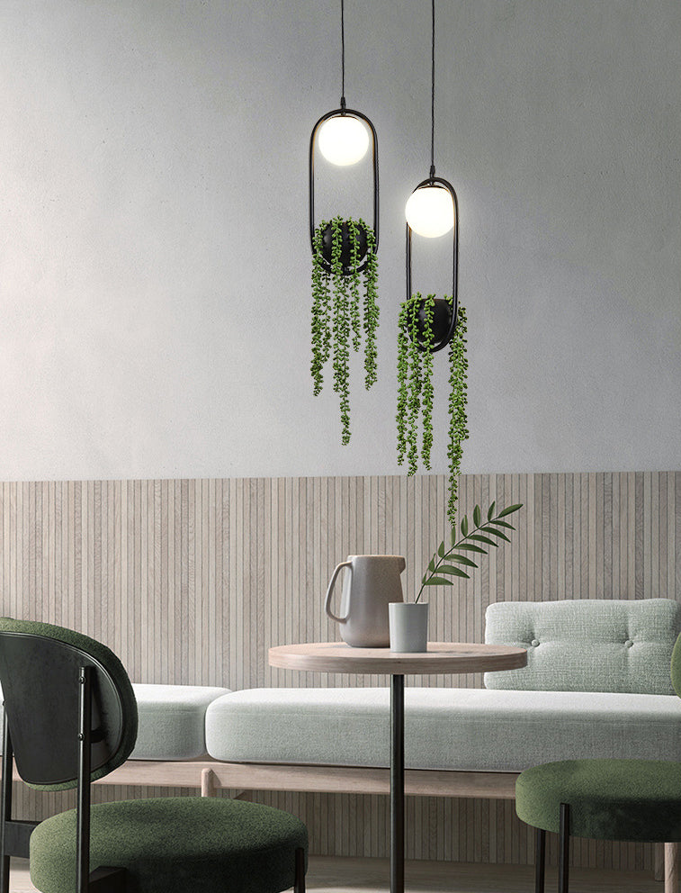 Zwart 1 Licht bolvormig Hanglamp Lichte Noordse retro ovale metalen ringschaduwhanglamp met groene plant