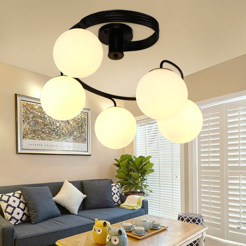 Sphere Semi Flush Ceiling Lights Traditional Milky Glass Ceiling Mount Chandelier for Living Room