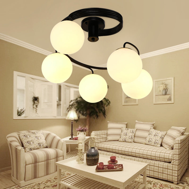 Sphere Semi Flush Ceiling Lights Traditional Milky Glass Ceiling Mount Chandelier for Living Room