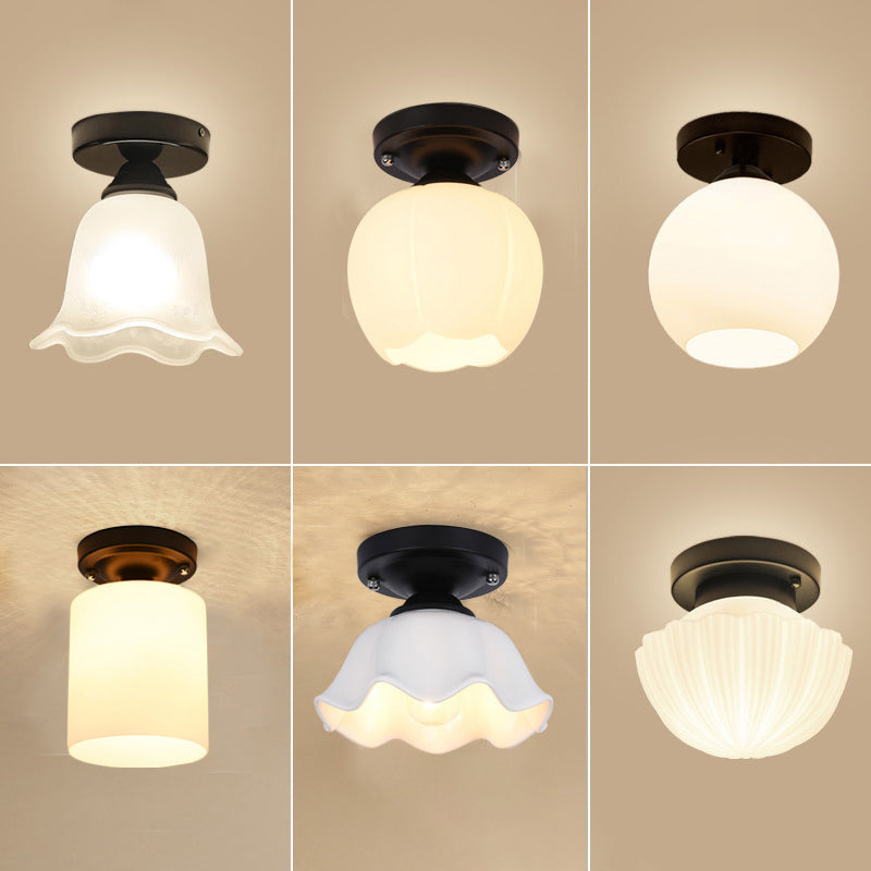 Geometric Semi Flush Mount Lighting Vintage Milky Glass Ceiling Mounted Fixture for Corridor