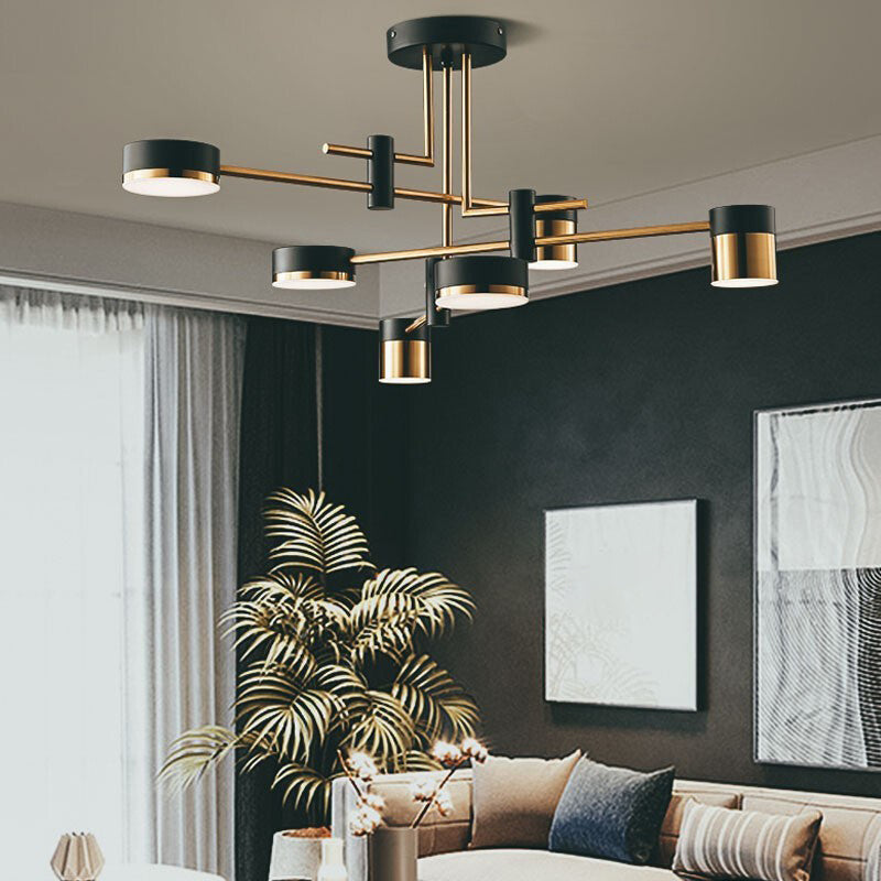 Modern Metal Radial Hanging Chandelier Light Drum Shade LED Suspension Light  in Black for Living Room