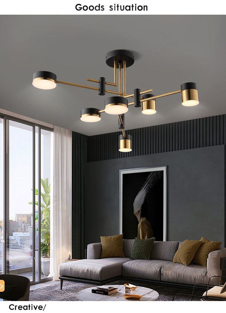 Modern Metal Radial Hanging Chandelier Light Drum Shade LED Suspension Light  in Black for Living Room