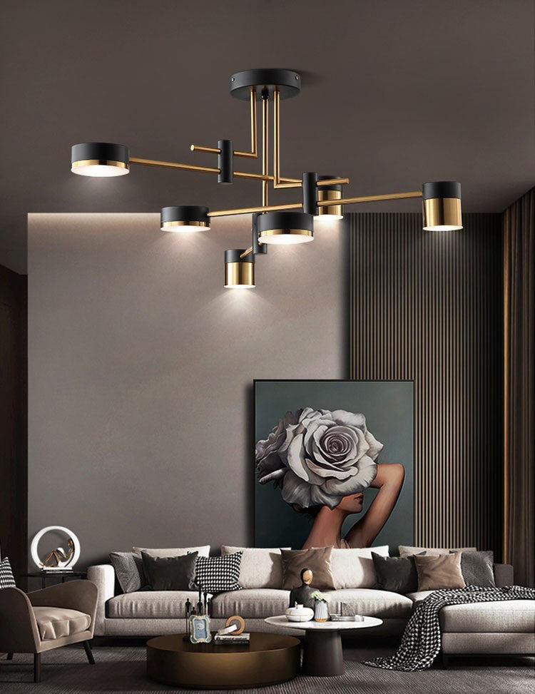 Modern Metal Radial Hanging Chandelier Light Drum Shade LED Suspension Light  in Black for Living Room