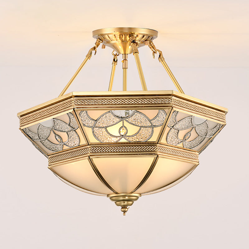 Brass Bowl Semi Flush Mount Vintage Frosted Glass 4 Lights Living Room Semi Flush Lighting