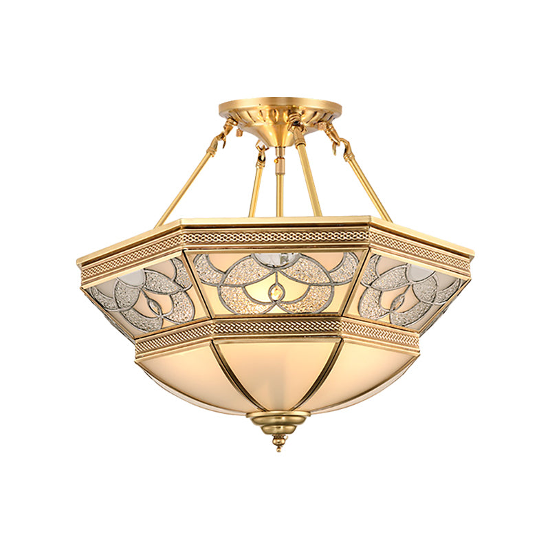 Brass Bowl Semi Flush Mount Vintage Frosted Glass 4 Lights Living Room Semi Flush Lighting