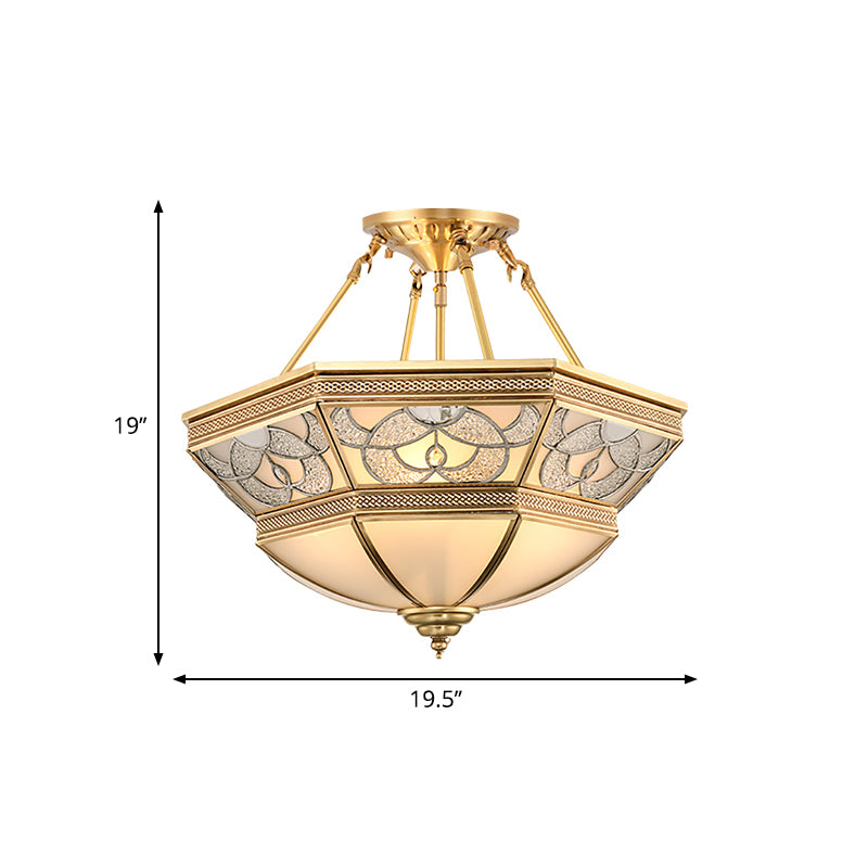 Brass Bowl Semi Flush Mount Vintage Frosted Glass 4 Lights Living Room Semi Flush Lighting