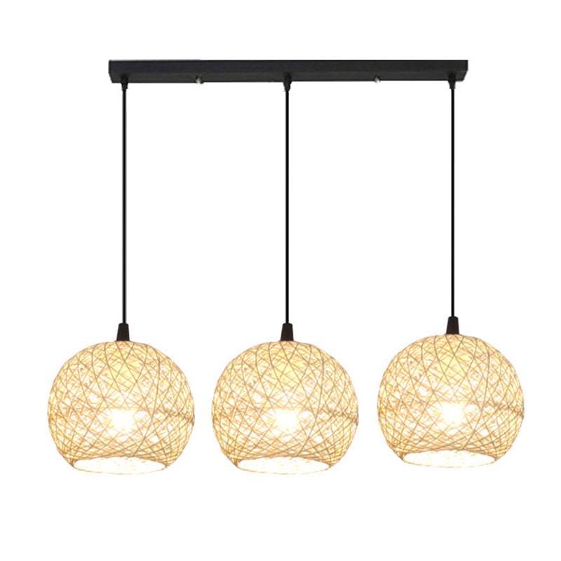Beige Globe Pendant Lamp Fixture Minimalist Rattan Suspension Light for Dining Room