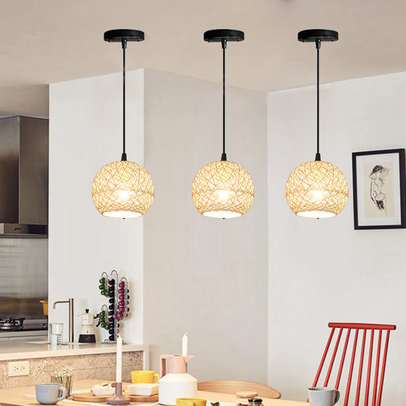 Beige Globe Pendant Lamp Fixture Minimalist Rattan Suspension Light for Dining Room