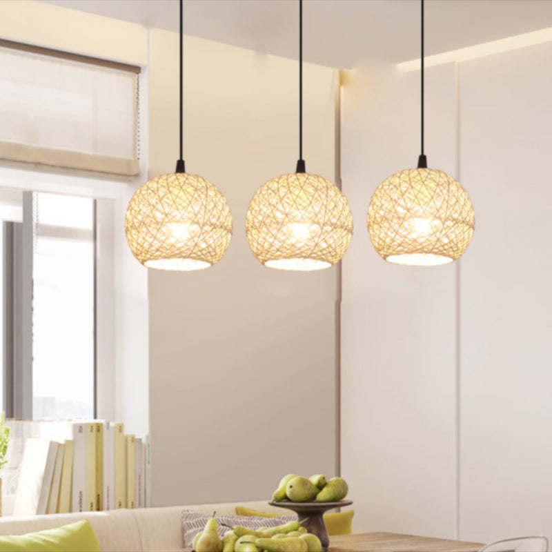 Beige Globe Pendant Lamp Fixture Minimalist Rattan Suspension Light for Dining Room