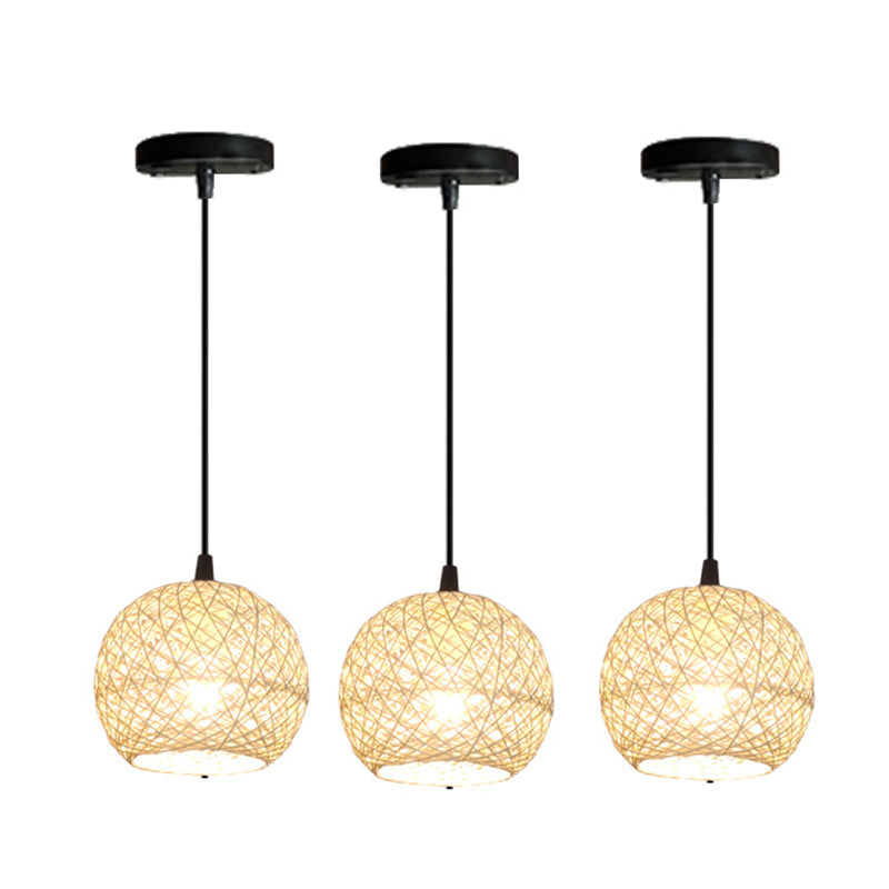 Beige Globe Pendant Lamp Fixture Minimalist Rattan Suspension Light for Dining Room