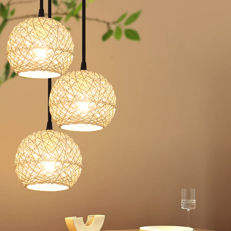 Beige Globe Pendant Lamp Fixture Minimalist Rattan Suspension Light for Dining Room