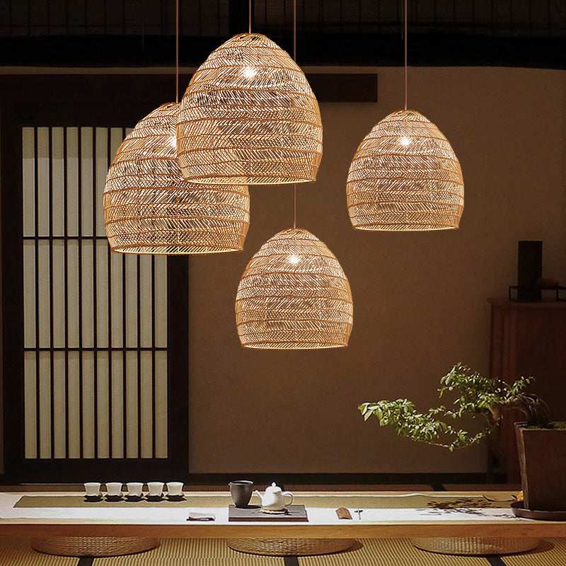 Rattan Bell Shaped Pendant Asian Style 1-Light Hanging Light Fixture for Tearoom