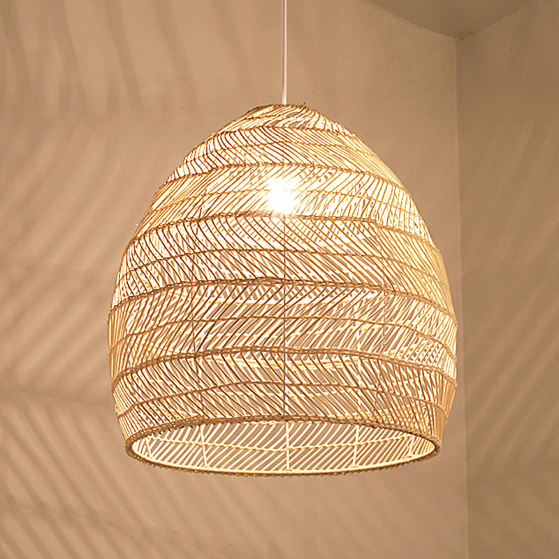 Rattan Bell Shaped Pendant Asian Style 1-Light Hanging Light Fixture for Tearoom