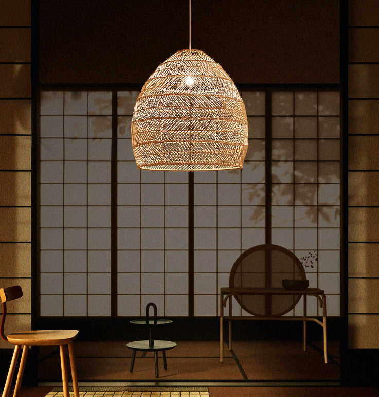 Rattan Bell Shaped Pendant Asian Style 1-Light Hanging Light Fixture for Tearoom