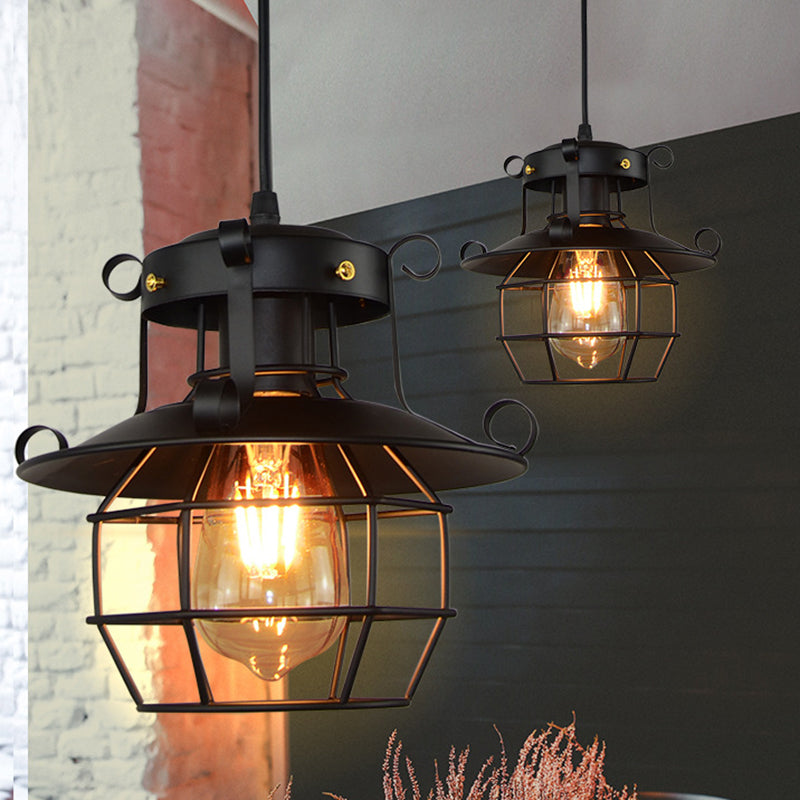 Retro Industrial Open Grid Cage Pendant Light Iron 1 Light Black Suspension Light  for Dining Table