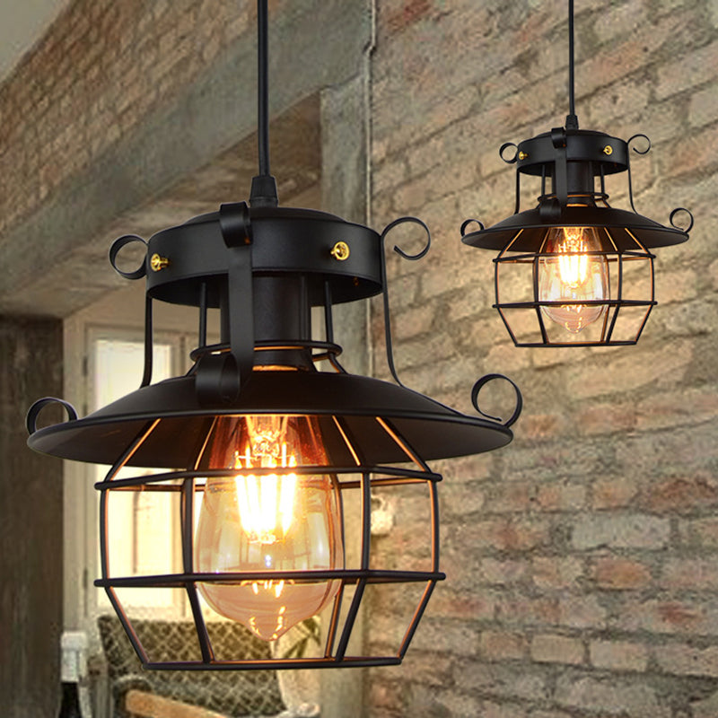 Retro Industrial Open Grid Cage Pendant Light Iron 1 Light Black Suspension Light  for Dining Table