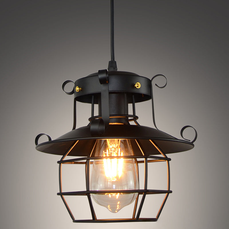 Retro Industrial Open Grid Cage Pendant Light Iron 1 Light Black Suspension Light  for Dining Table