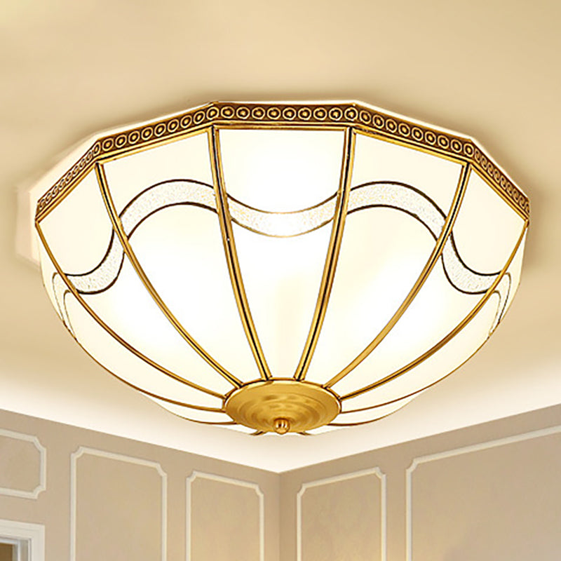 4-Light Milky Glass Flush Ceiling Light Traditional Brass Inverted Bedroom Flush Mount Lamp with Wave Pattern