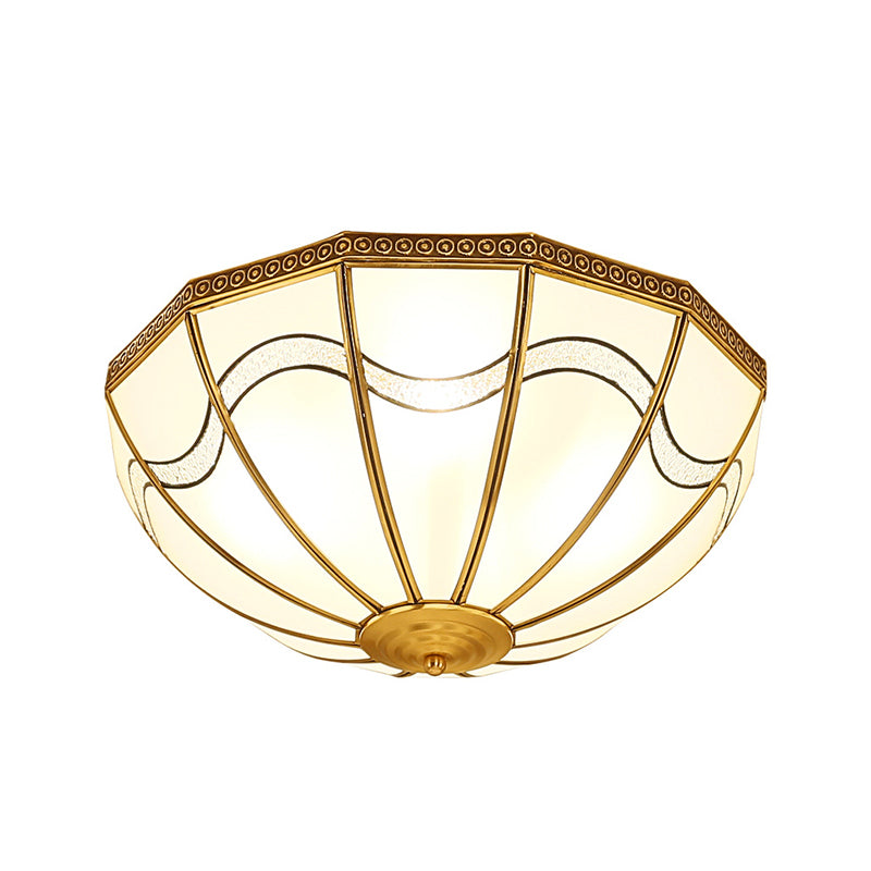 4-Light Milky Glass Flush Ceiling Light Traditional Brass Inverted Bedroom Flush Mount Lamp with Wave Pattern