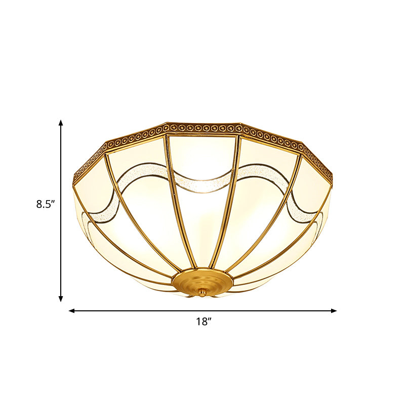 4-Light Milky Glass Flush Ceiling Light Traditional Brass Inverted Bedroom Flush Mount Lamp with Wave Pattern