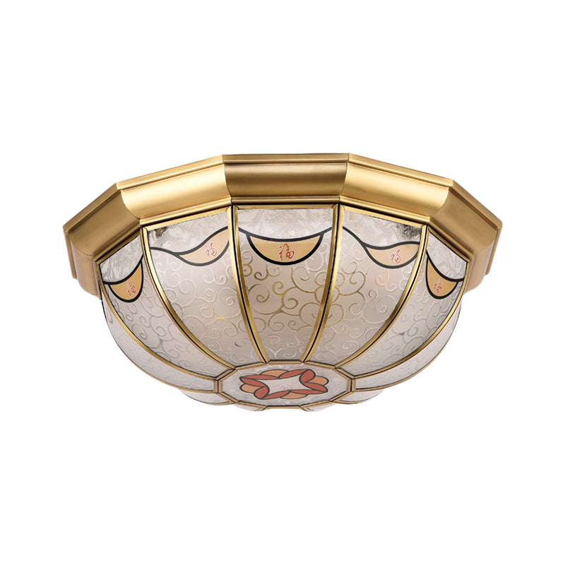 Domed Shade Frosted Glass Flush Ceiling Light Traditional 4-Light Dining Room Flush Mount Lighting in Brass with Flower Pattern