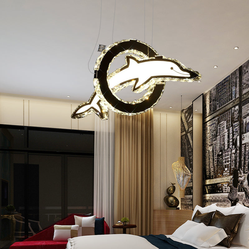 Dolphin Chandelier Lighting Contemporary Crystal LED Chrome Hanging Light Fixture in White/Warm/Natural Light