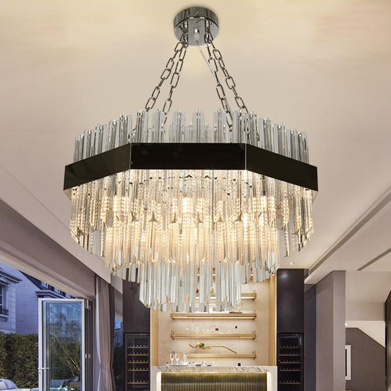 Layered Chandelier Lighting Modern Beveled Crystal 10 Bulbs Suspension Pendant Light in Silver