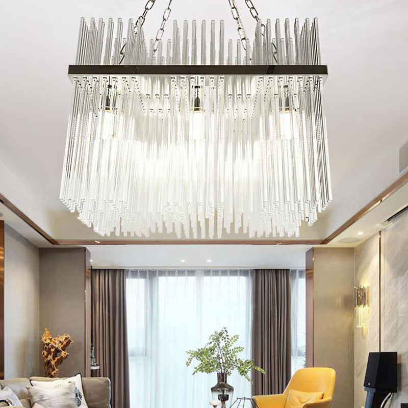 Stainless-Steel Tube Chandelier Lamp Contemporary 10 Bulbs Crystal Ceiling Hanging Light