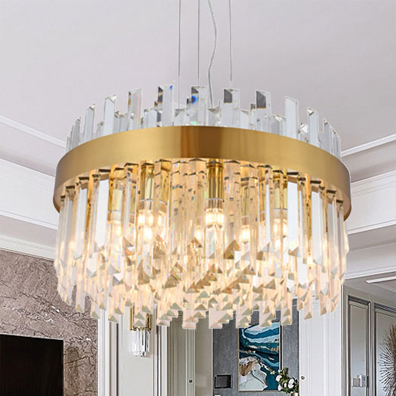 Brass Drum Hanging Chandelier Contemporary Faceted Crystal 5 Heads Ceiling Pendant Light