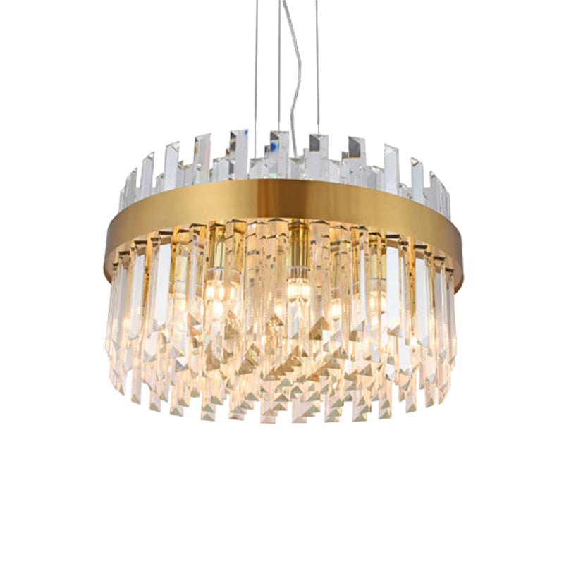 Brass Drum Hanging Chandelier Contemporary Faceted Crystal 5 Heads Ceiling Pendant Light