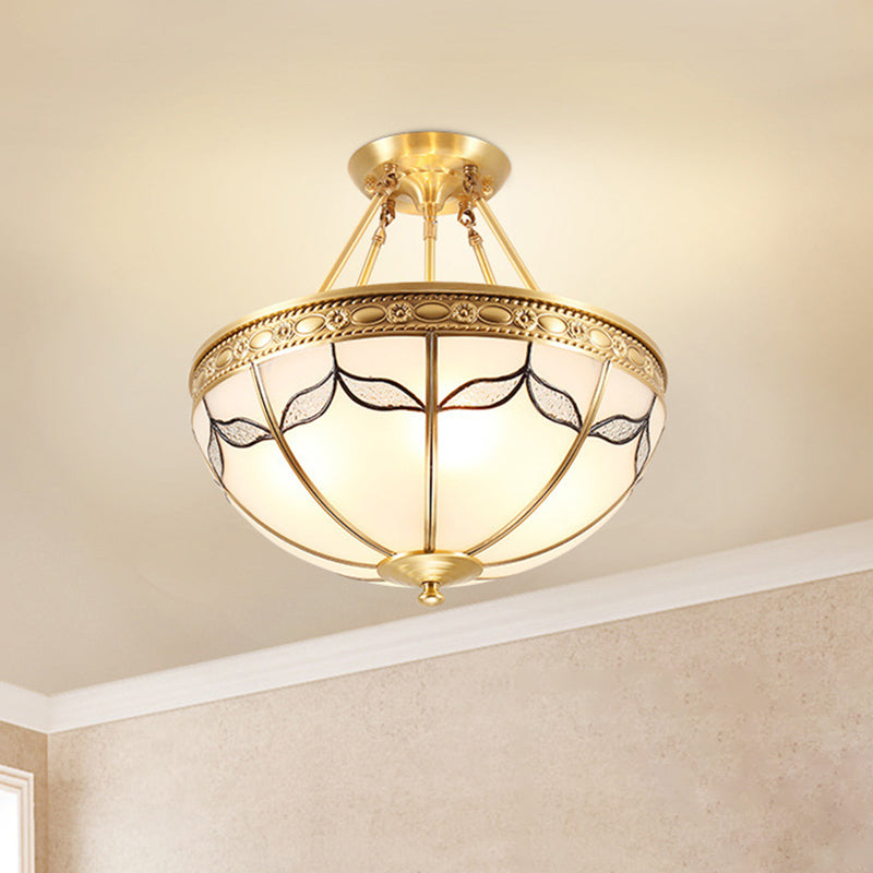 Domed Opal Glass Semi Mount Lighting Vintage 4-Light Bedroom Semi Flush in Brass, 12.5"/16" Wide