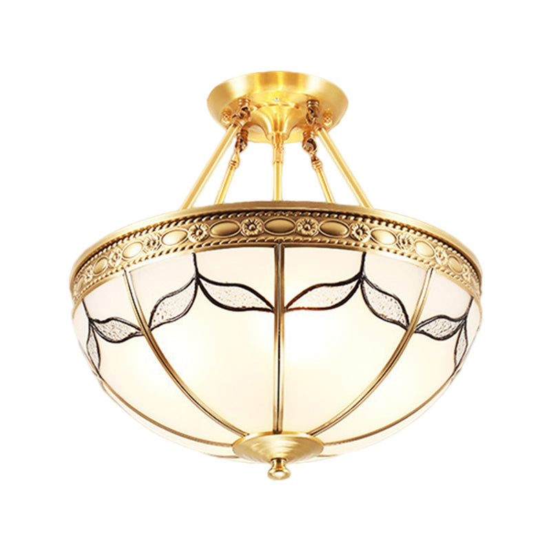 Domed Opal Glass Semi Mount Lighting Vintage 4-Light Bedroom Semi Flush in Brass, 12.5"/16" Wide