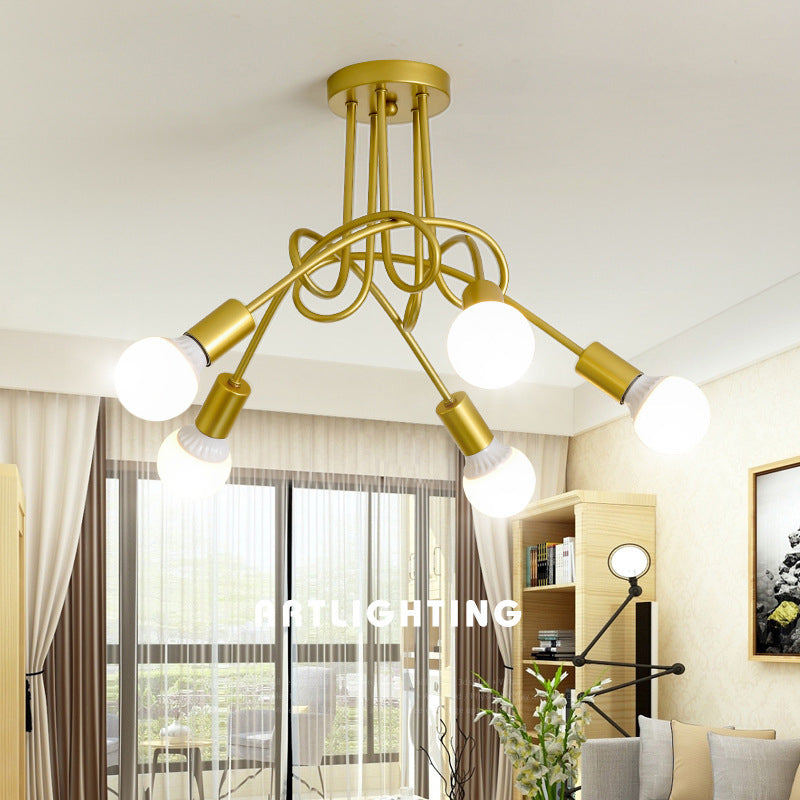 Winding Lamp Post Design Ceiling Light 5-Lights Industrial Style Open Bulb Lighting Pendant for Bedroom Living Room