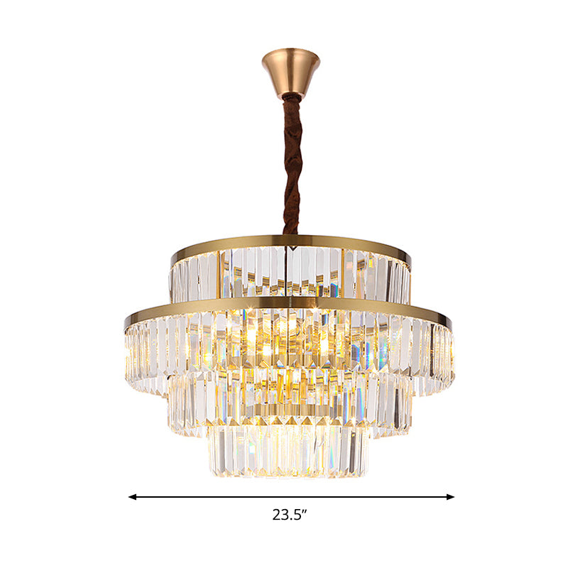 Modernism 12 Bulbs Ceiling Chandelier Brass Tiered Hanging Pendant Light with Crystal Shade