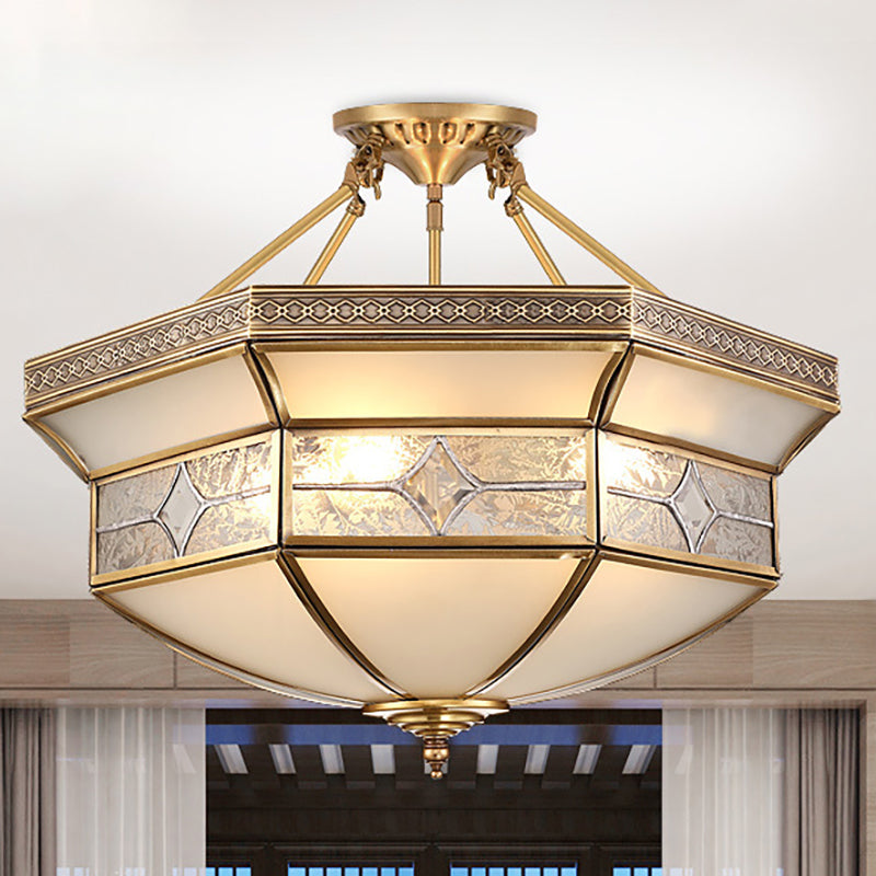 14"/18"/23.5" Wide 3/4/6 Lights Frosted Glass Ceiling Mounted Fixture Vintage Brass Geometric Living Room Semi Mount Lighting