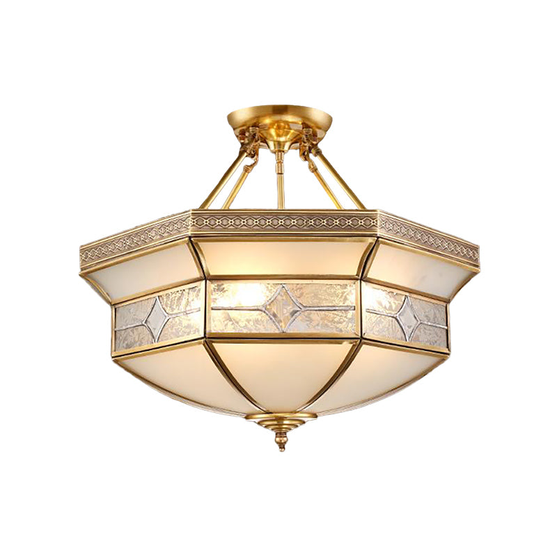 14"/18"/23.5" Wide 3/4/6 Lights Frosted Glass Ceiling Mounted Fixture Vintage Brass Geometric Living Room Semi Mount Lighting