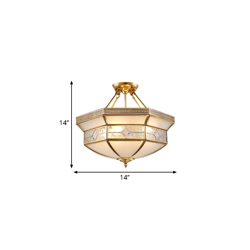 14"/18"/23.5" Wide 3/4/6 Lights Frosted Glass Ceiling Mounted Fixture Vintage Brass Geometric Living Room Semi Mount Lighting