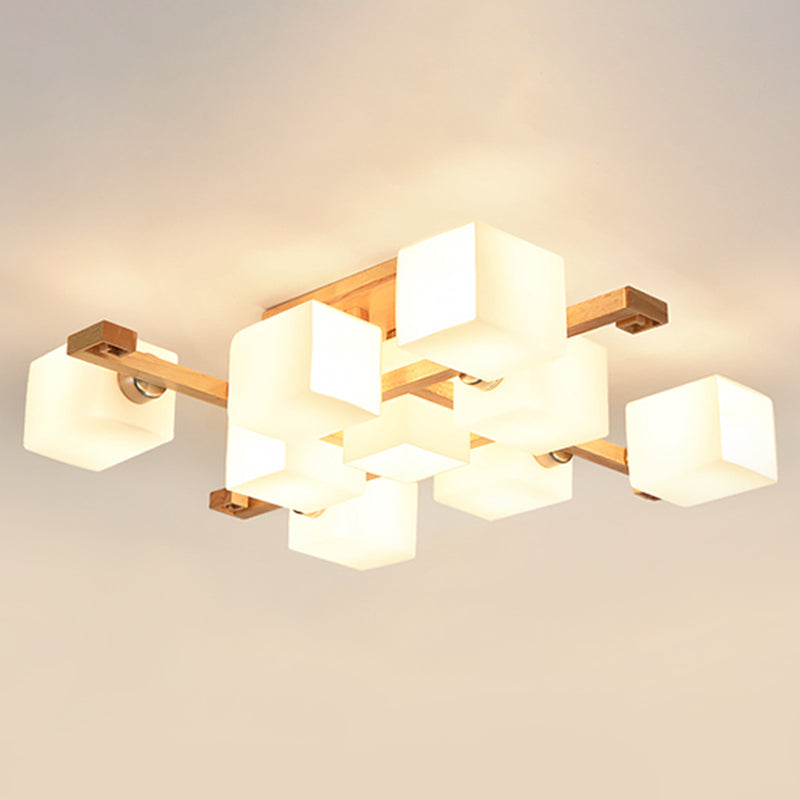 Rectangle Wood Semi Flush Mount Light Modern White Glass Shade Ceiling Flush Mount for Restaurant