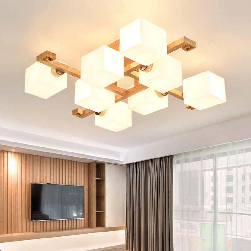 Rectangle Wood Semi Flush Mount Light Modern White Glass Shade Ceiling Flush Mount for Restaurant