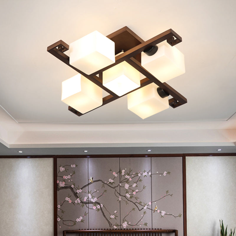 Rectangle Wood Semi Flush Mount Light Modern White Glass Shade Ceiling Flush Mount for Restaurant