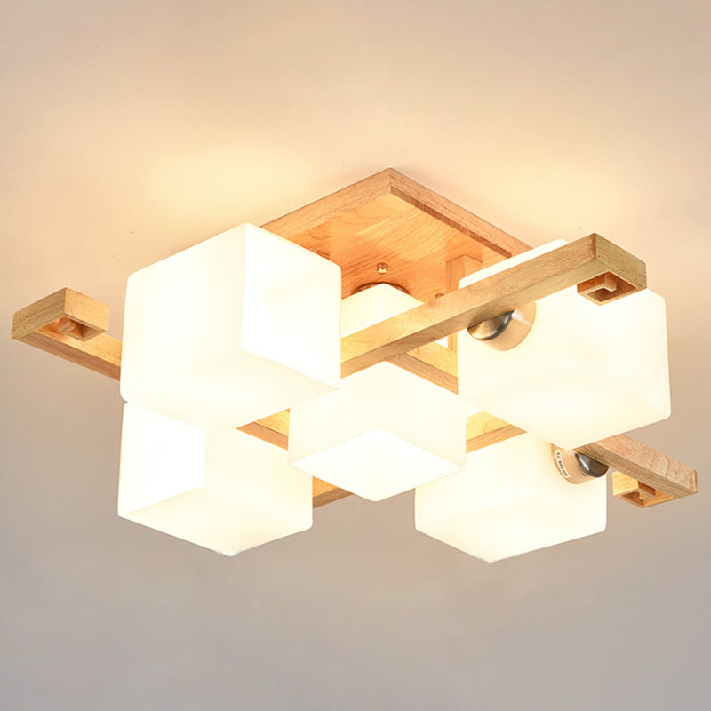 Rectangle Wood Semi Flush Mount Light Modern White Glass Shade Ceiling Flush Mount for Restaurant