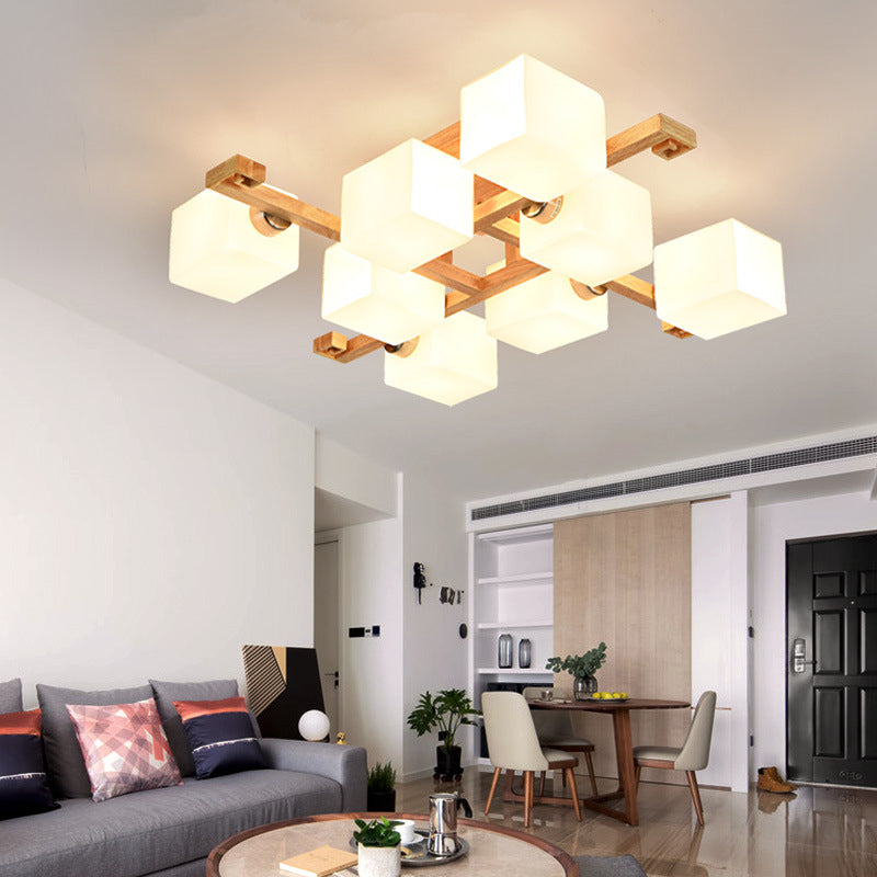 Rectangle Wood Semi Flush Mount Light Modern White Glass Shade Ceiling Flush Mount for Restaurant