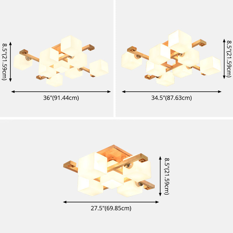 Rectángulo Madera Semi Flush Montaje Luz moderno de techo de techo de techo de vidrio blanco para restaurante