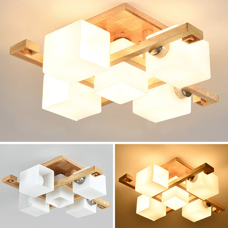 Rectangle Wood Semi Flush Mount Light Modern White Glass Shade Ceiling Flush Mount for Restaurant